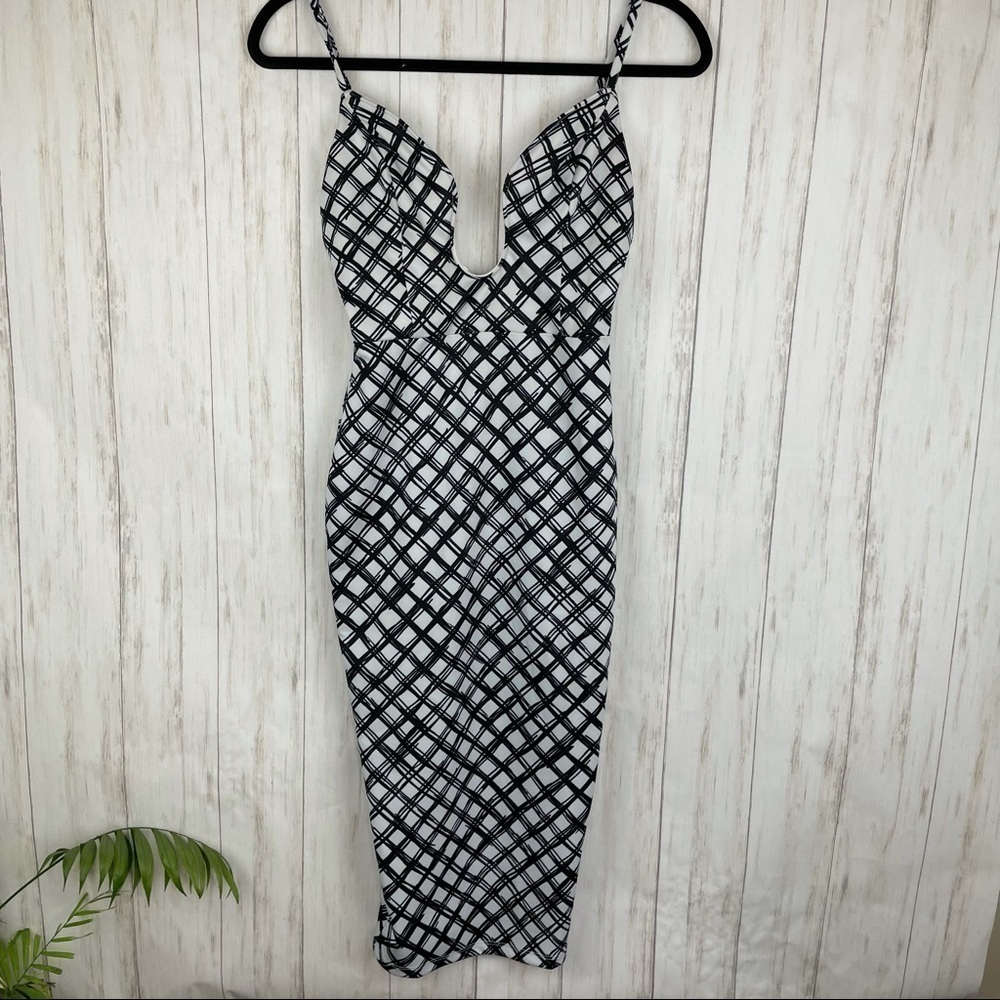 ASOS body con black and white cross hatched plunge neck midi dress